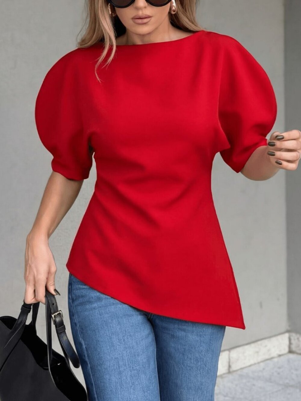 Red Casual Women's Short Sleeve Puff Sleeve Blouse with Asymmetric Hem - Picture 3 of 6